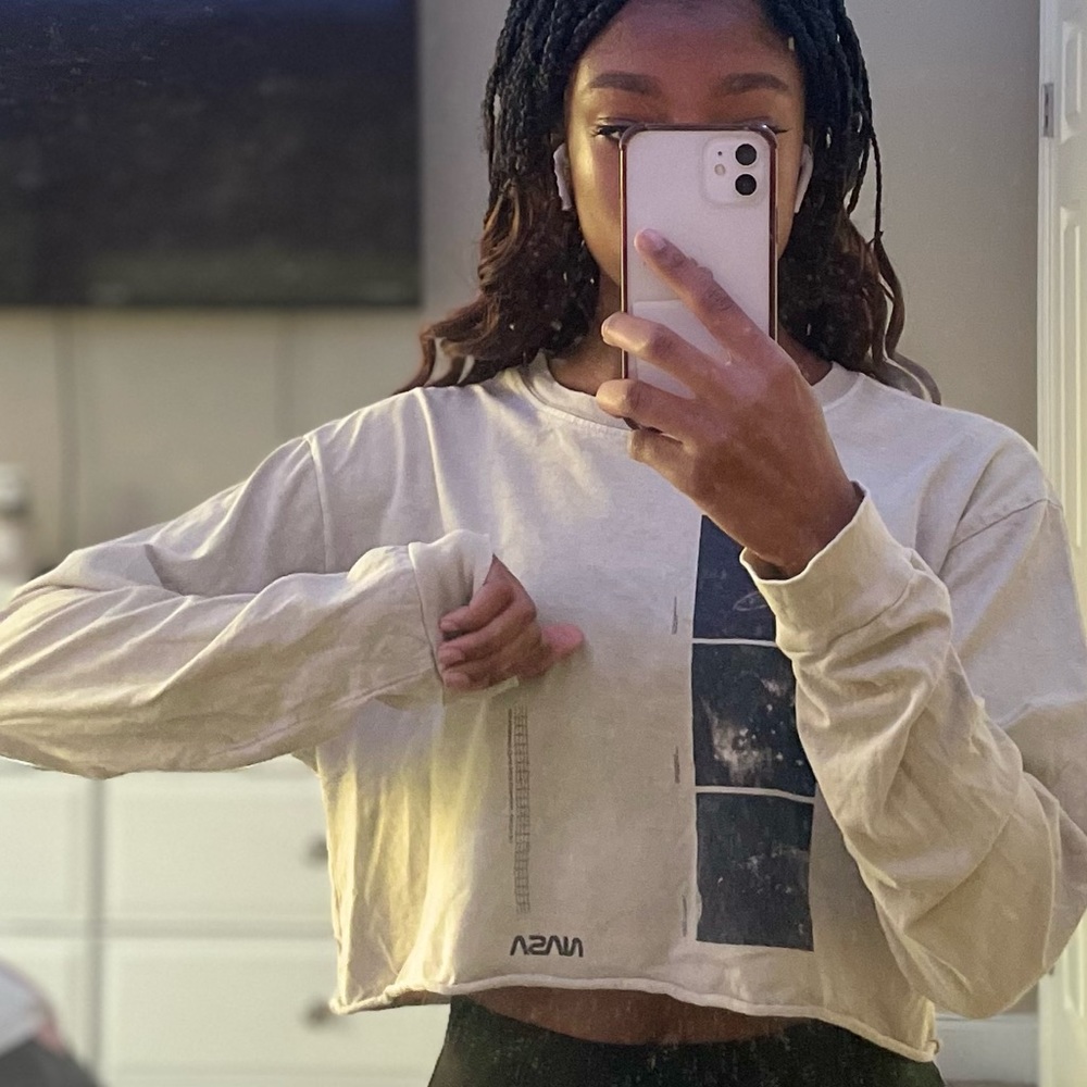 NASA Graphic Long Sleeve Beige Brown Semi Crop Tee